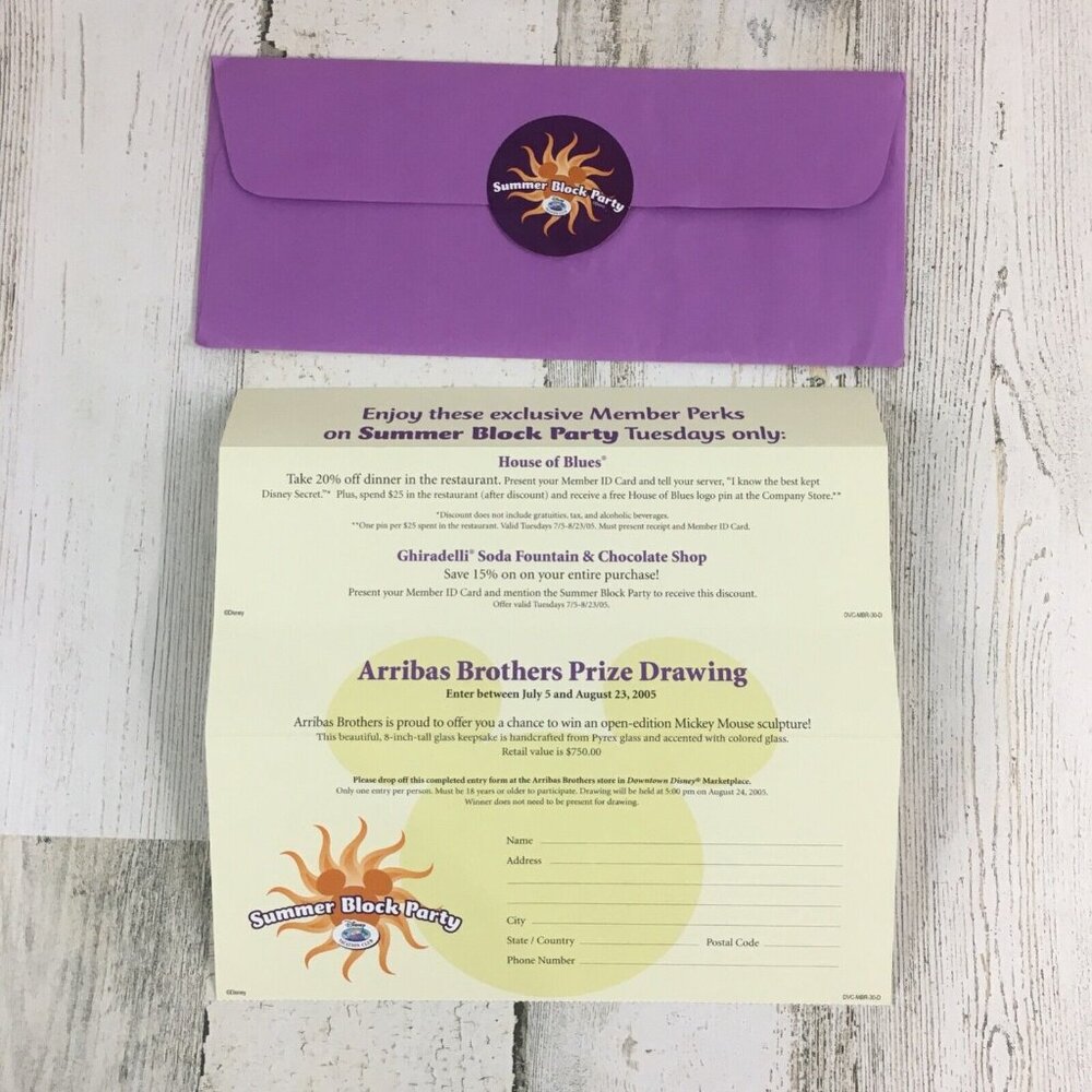 Walt Disney World Vtg DVC Summer Block Party Flyer and Envelope 2005